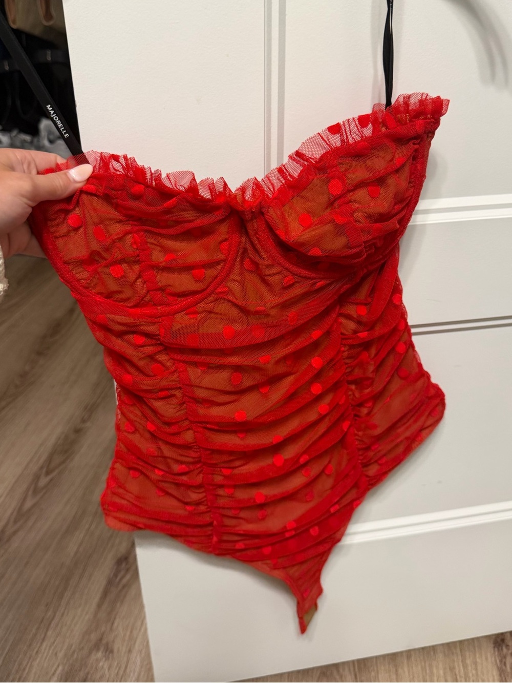MAJORELLE Red Polka Dot Mesh Bustier Bodysuit